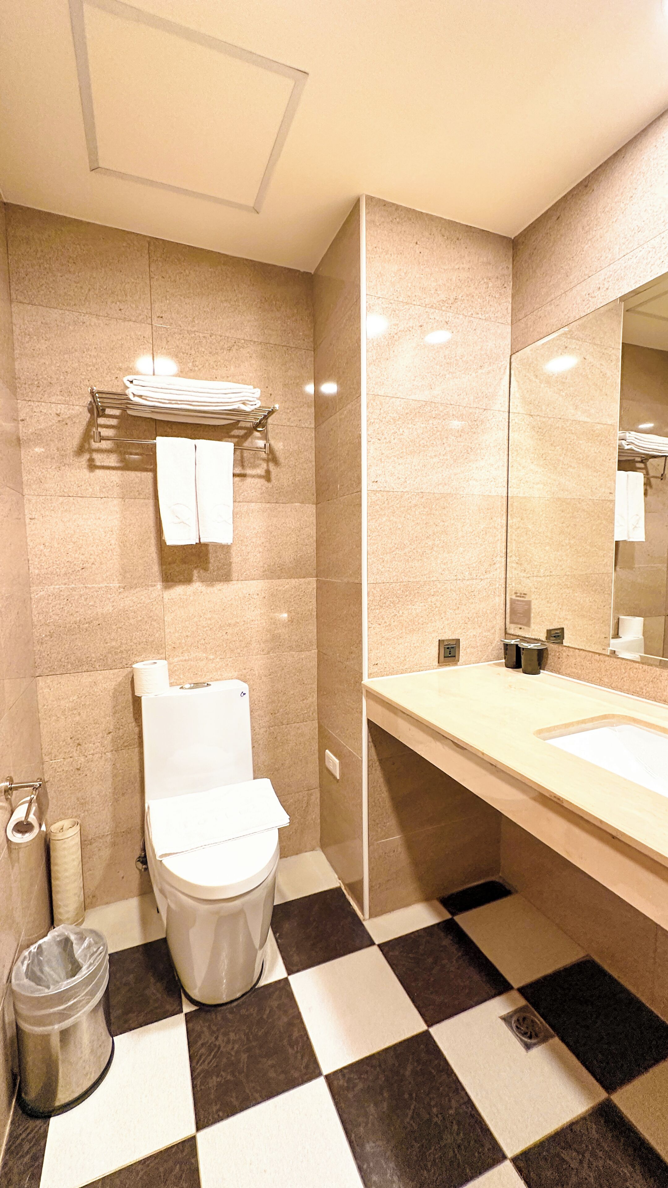 A bathroom with a toilet, sink, and mirror.