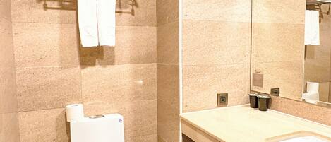 A bathroom with a toilet, sink, and mirror.