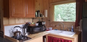 Fridge, microwave, stovetop, coffee/tea maker