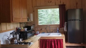 A compact kitchen with wooden cabinets, a stainless steel kettle, a microwave, a sink, and a refrigerator. - Sweet Seclusion Cabin with Shower (Healy)