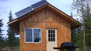 A wooden cabin with a deck, a window, a door, and a solar panel on the roof. - Sweet Seclusion Cabin with Shower (Healy)