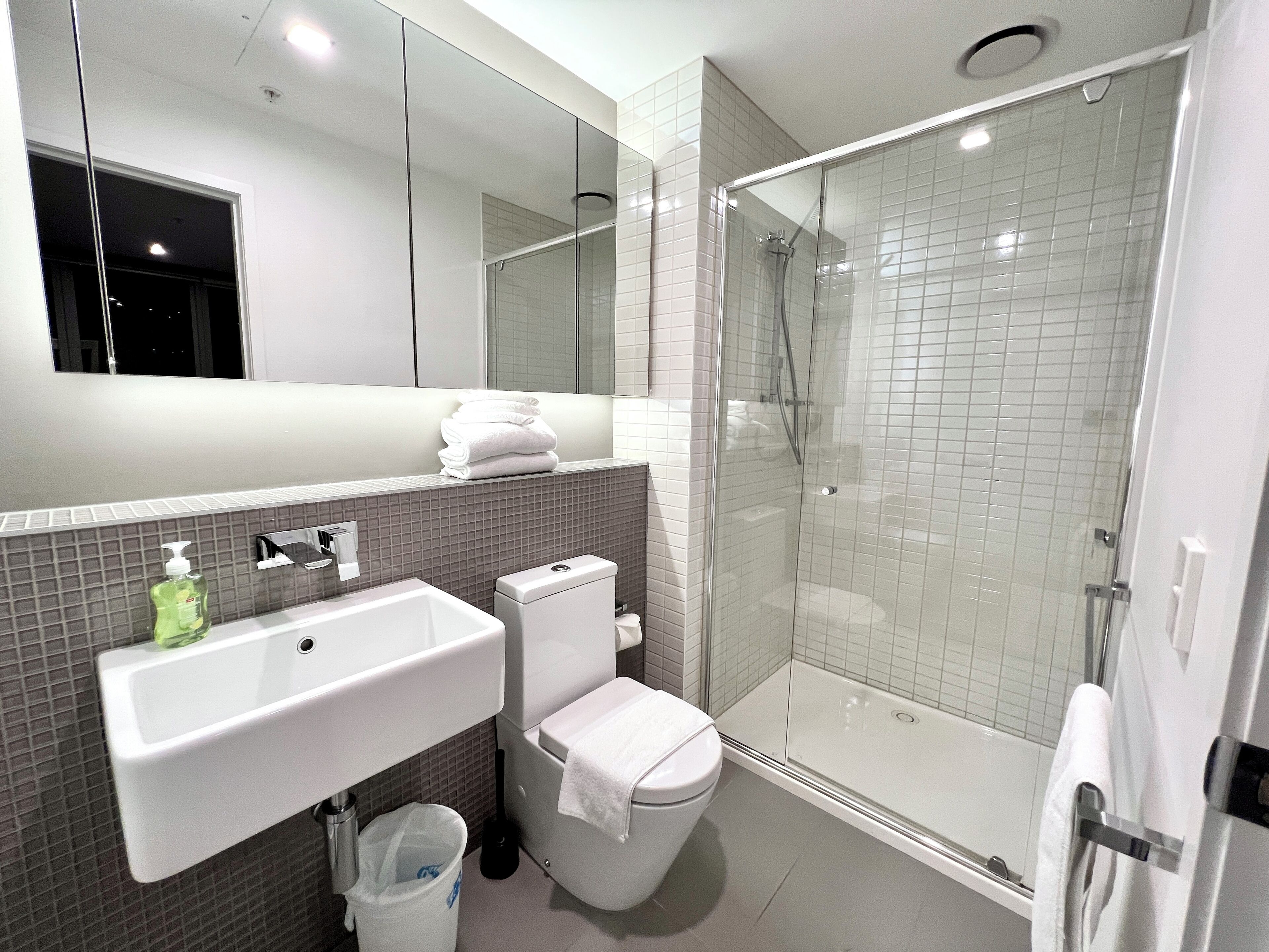 Une salle de bain moderne avec une douche à parois de verre, un lavabo blanc et des toilettes.