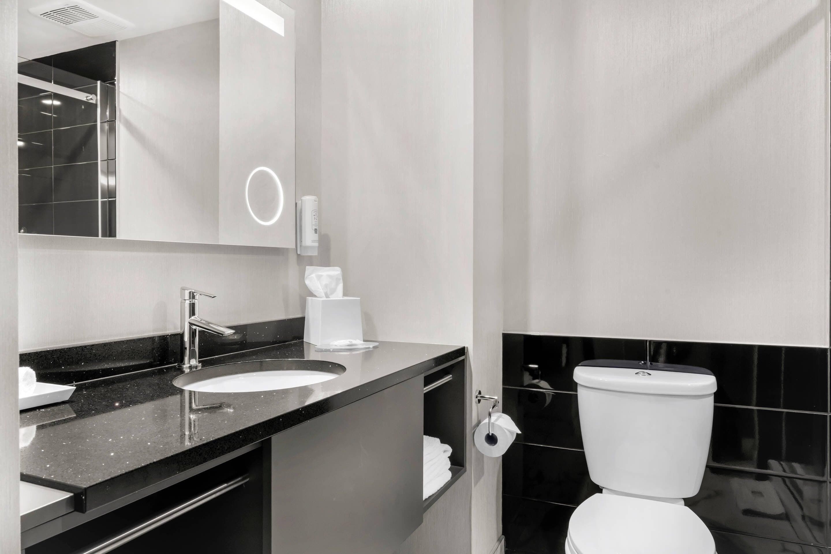 A modern bathroom with a black countertop, a white sink, a mirror, and a toilet.