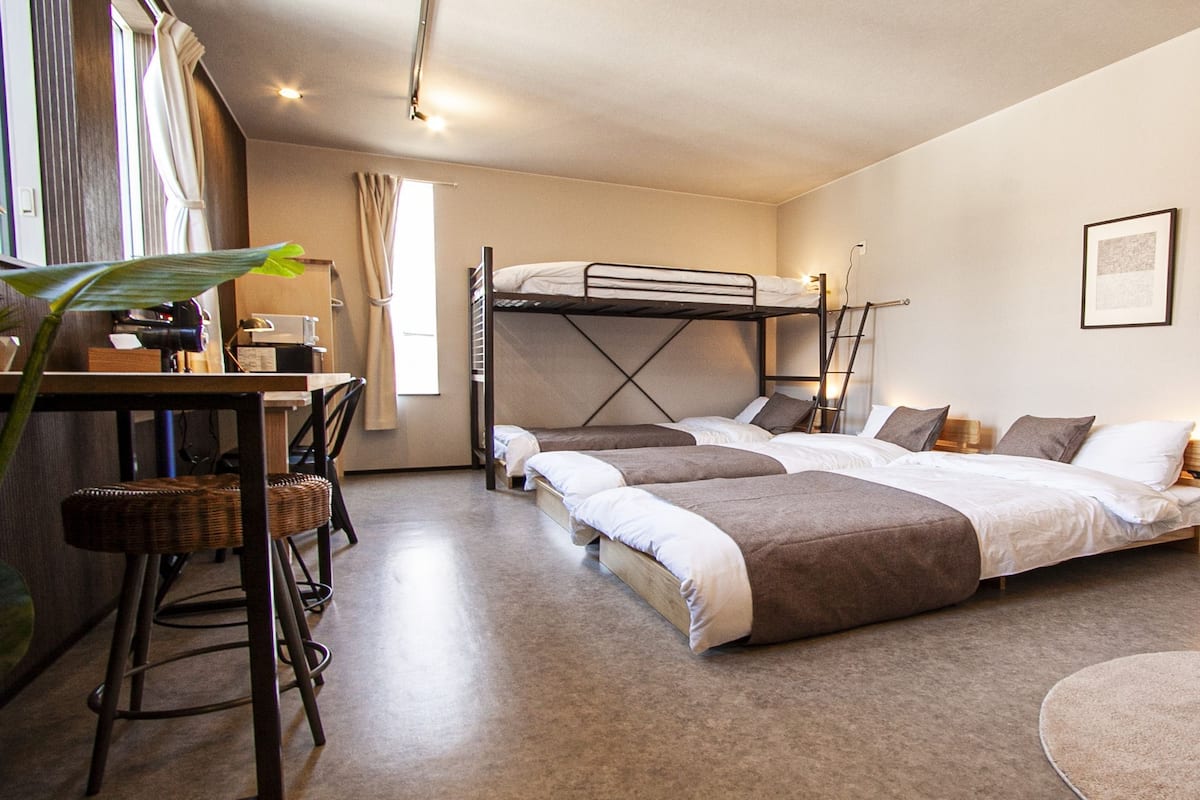 A hotel room with a bunk bed, a desk with a chair, a plant, and a TV on the wall.