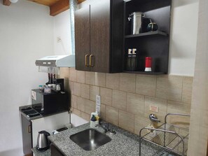 Fridge, microwave, dining tables