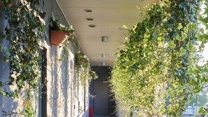 A corridor with patterned floor tiles, walls adorned with climbing plants, and a railing on one side. - HOTEL Tokyo Trip Ueno Nishi Nippori (Tokyo)