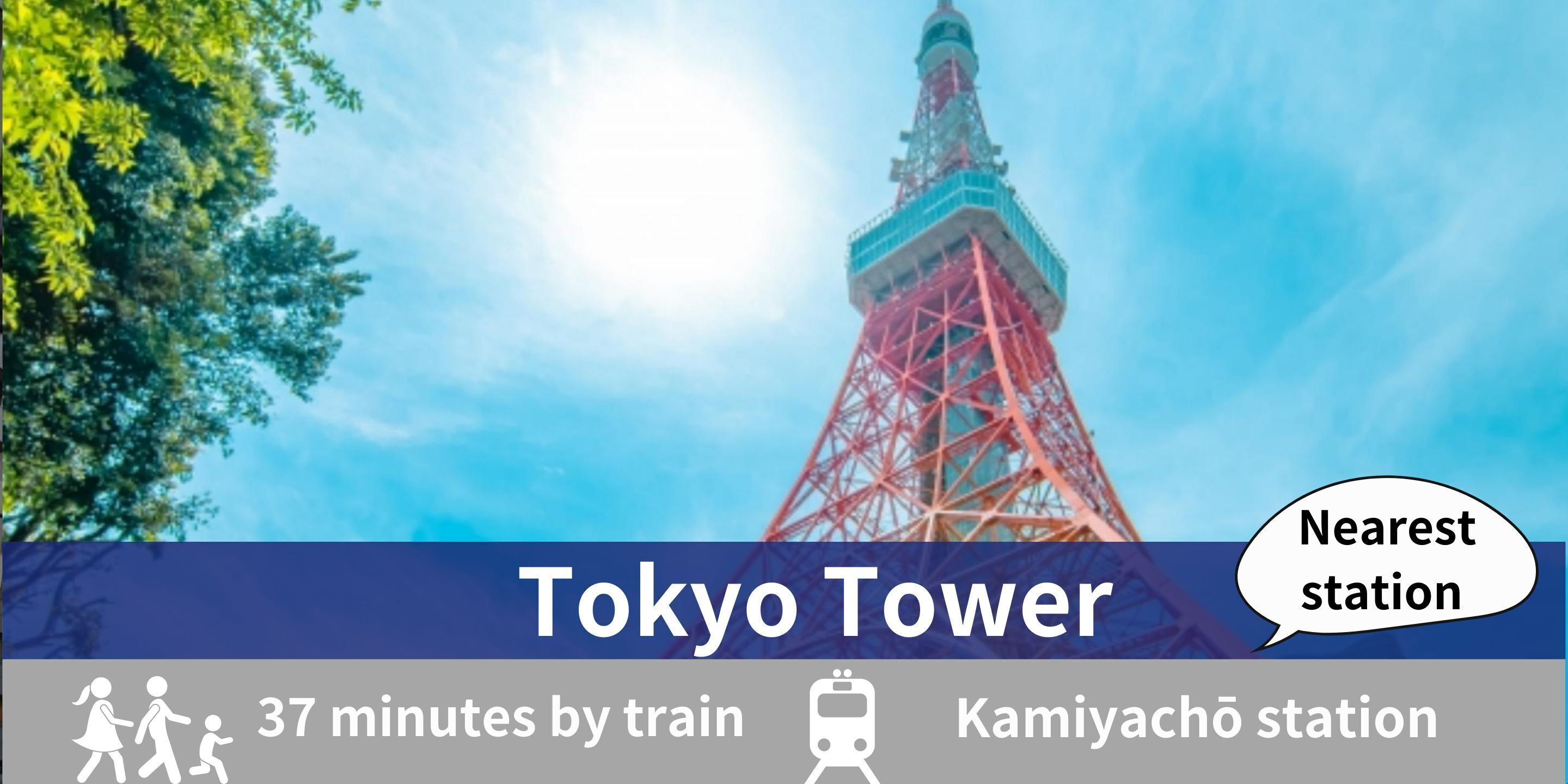 La Torre de Tokio con un bocadillo que indica la estación más cercana, Kamiyacho, y un icono de tren con el texto '37 minutos en tren'.