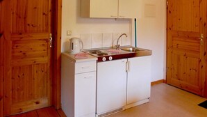 Una cocina compacta con armarios de madera, un lavabo y un hervidor.