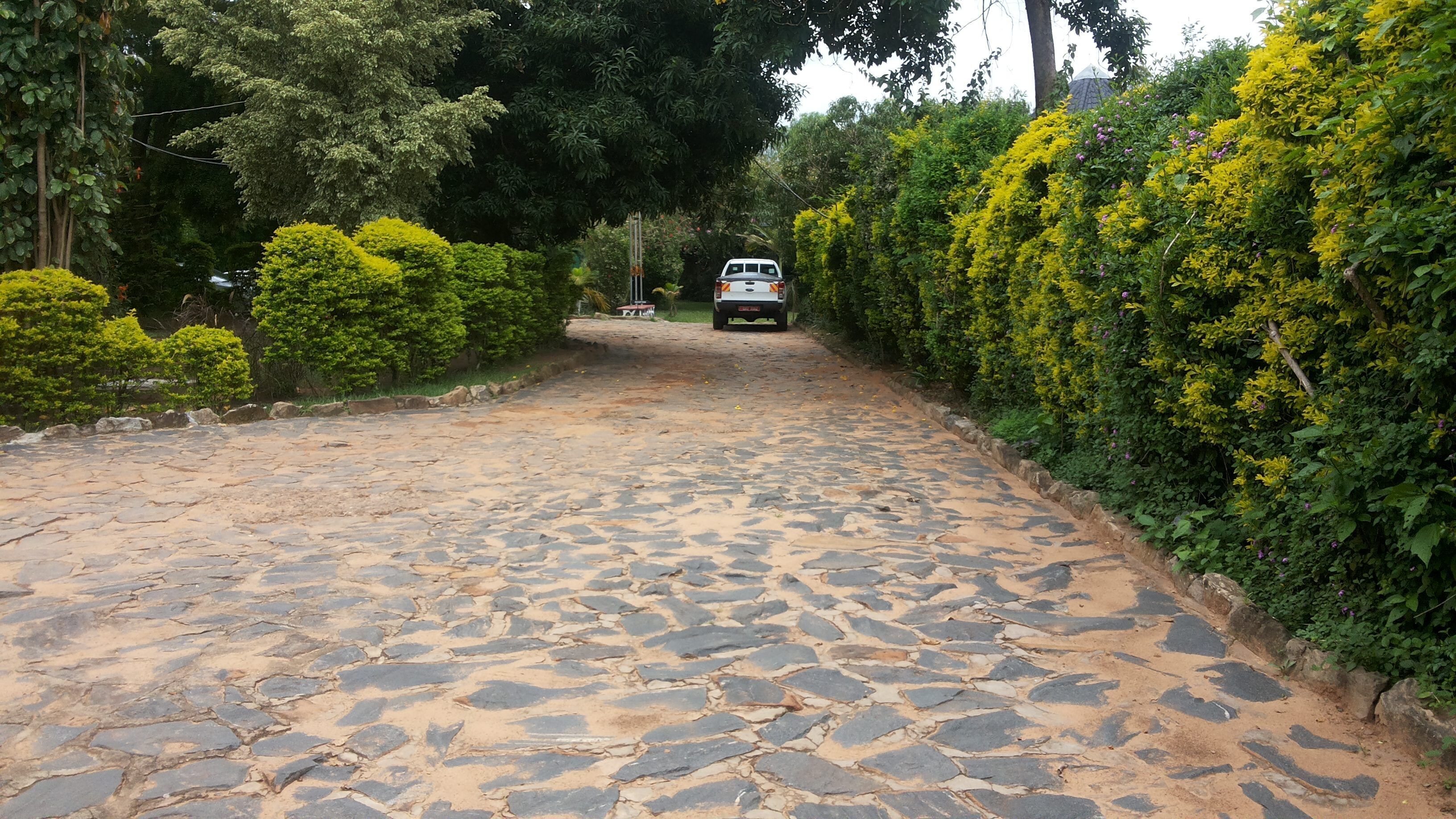 Una calle adoquinada bordeada por setos y árboles bien cuidados, que conduce a un vehículo estacionado.