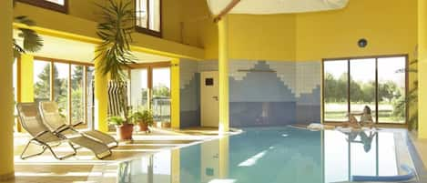 Indoor pool, outdoor pool, sun loungers