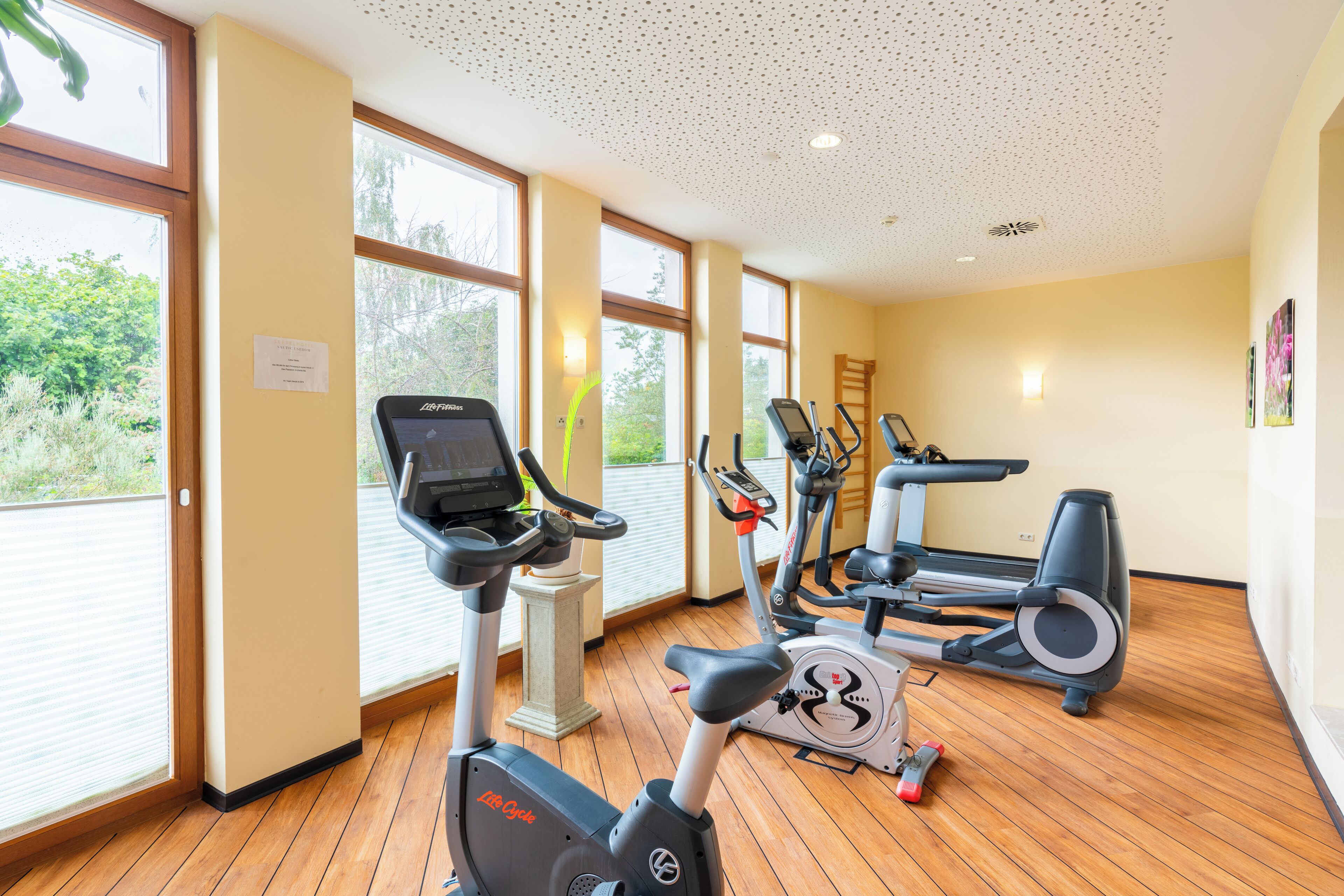 Ett gym med träningsutrustning, stora fönster och trägolv.