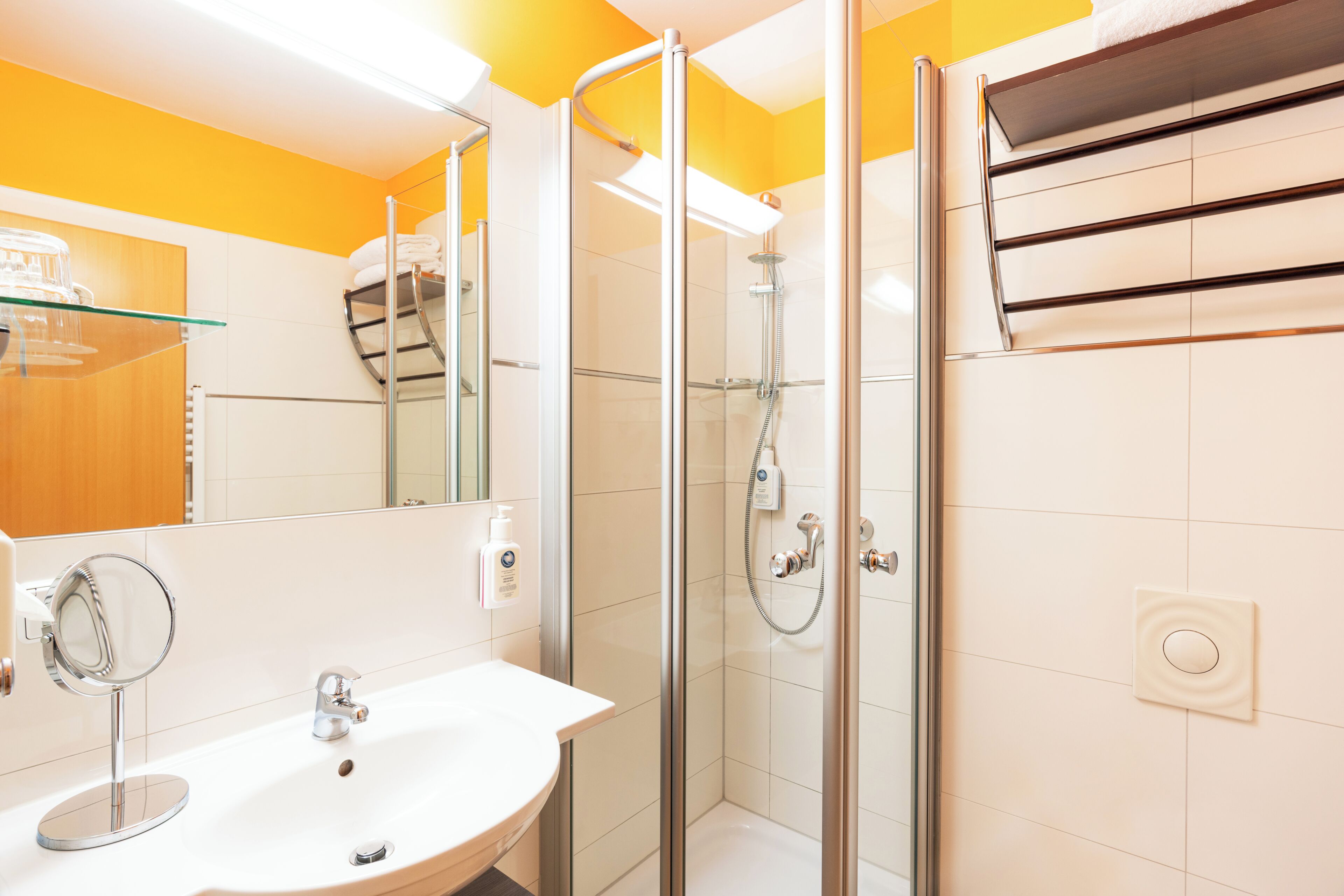 Une salle de bain avec une douche à parois de verre, un lavabo blanc, un miroir et un porte-serviettes.