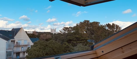 Vista pela janela com claraboia, com vista para uma área residencial com casas e árvores.