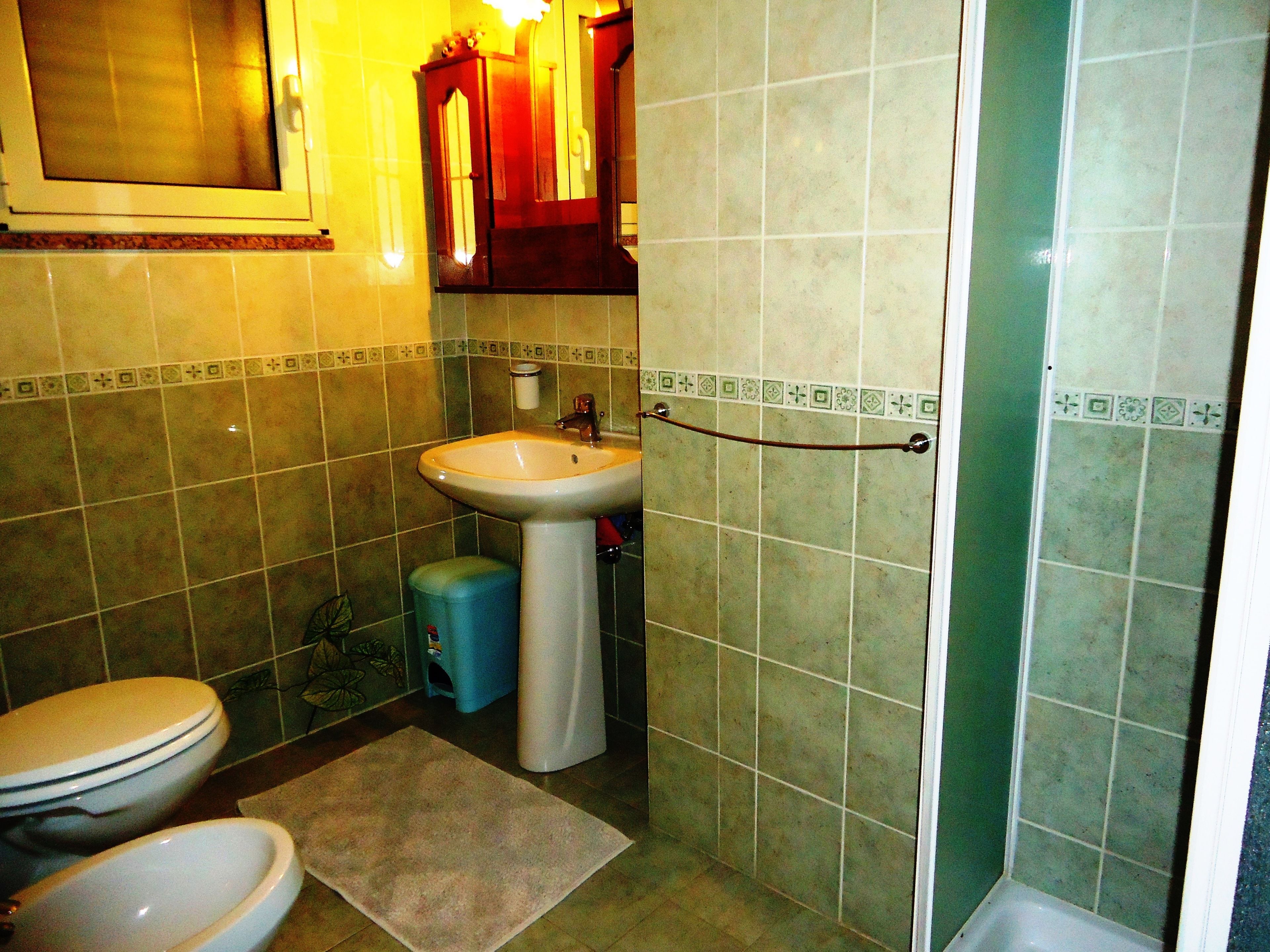 Un bagno con il water, un lavandino e una doccia.