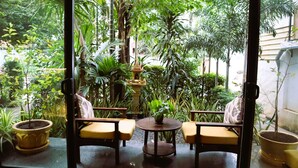 Une pièce avec deux chaises et une petite table, entourée de plantes en pot et offrant une vue sur un jardin luxuriant.
