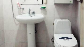 Shower, hair dryer, towels, shampoo