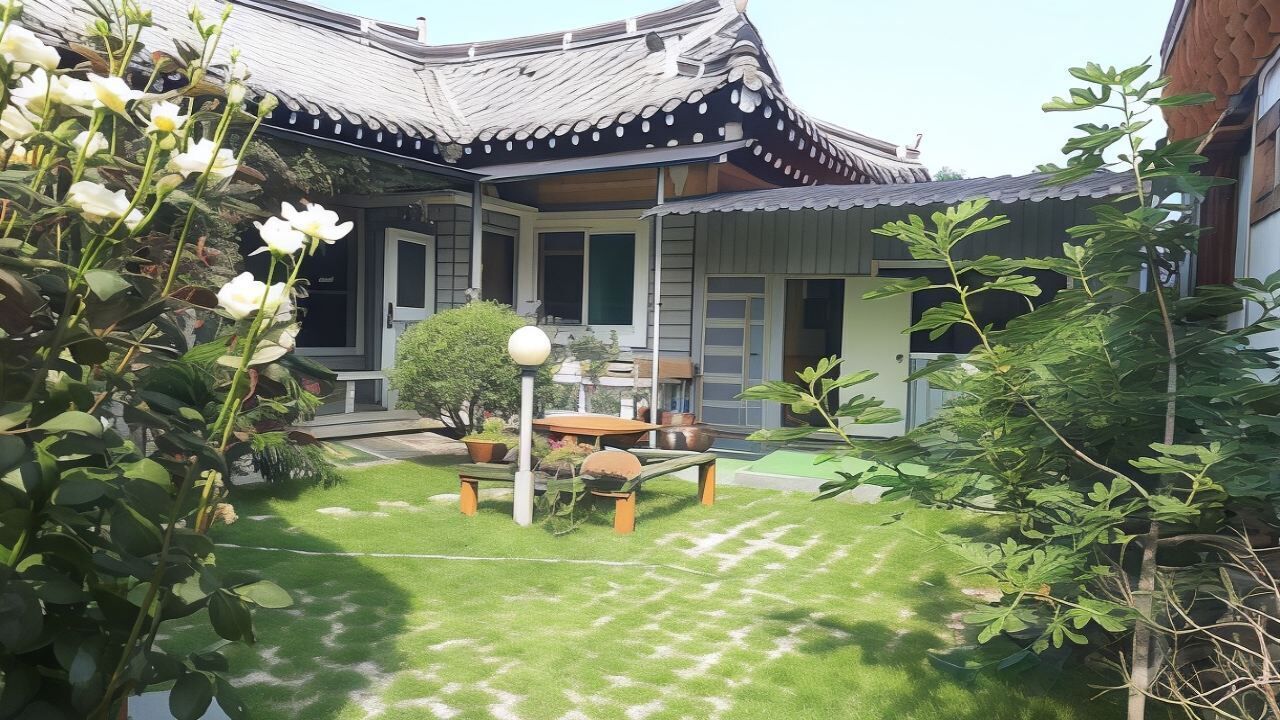 A traditional Japanese-style building with a curved roof, a wooden bench, and a small garden area with artificial grass and potted plants.
