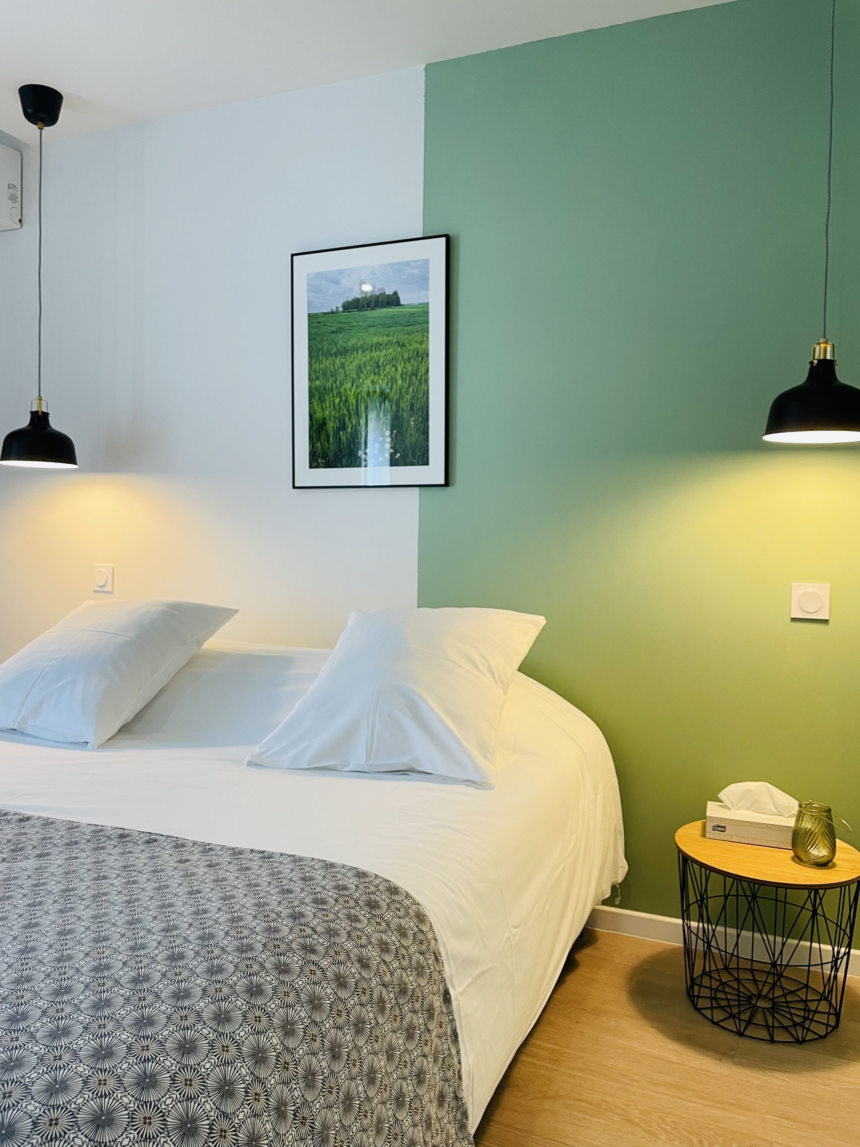 Une chambre à coucher avec un lit, des oreillers blancs, un tableau encadré représentant un champ, deux lampes suspendues et une table de chevet avec une lampe.