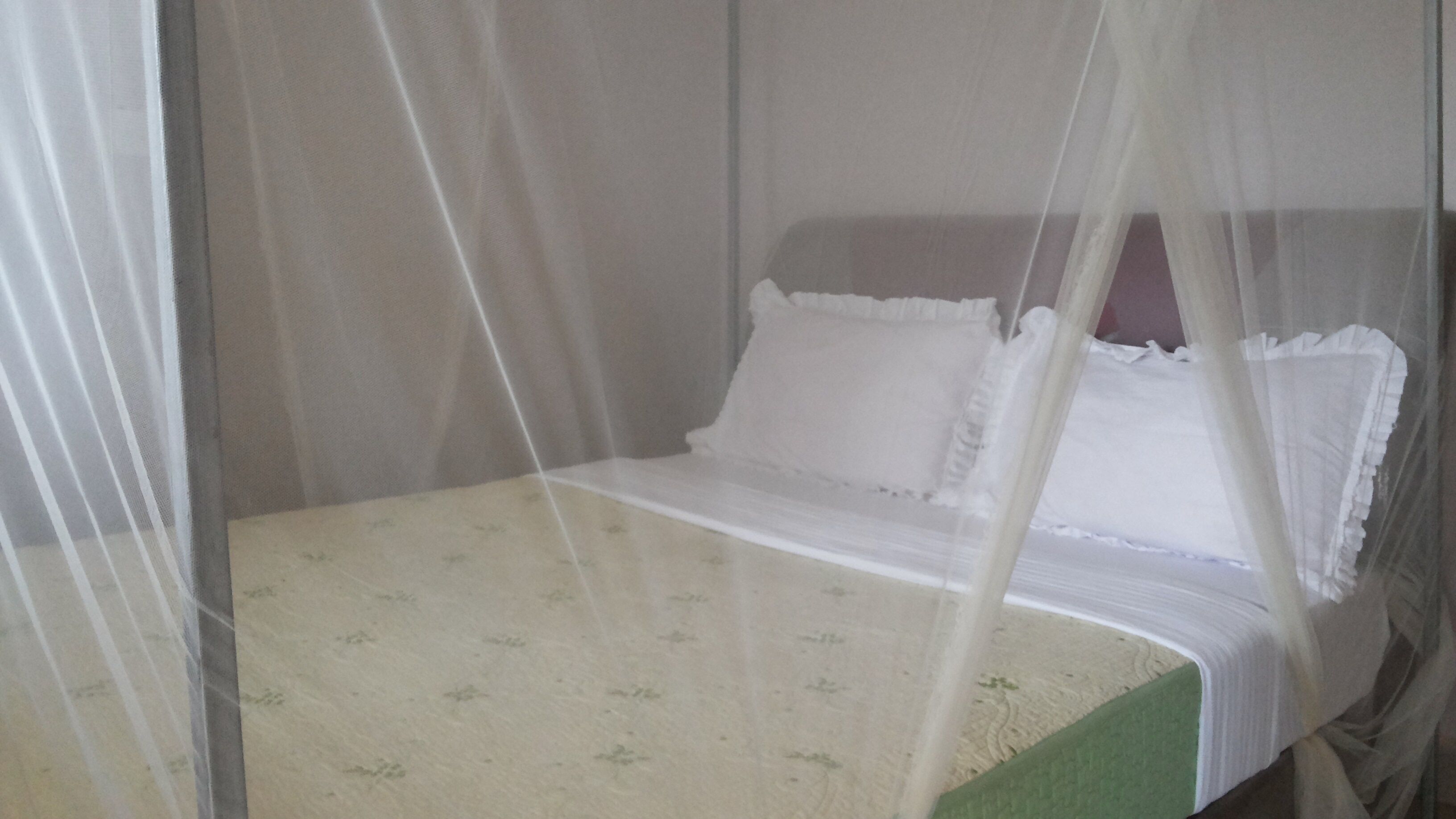 A single bed with a white bedspread and pillows, a mosquito net, and a green side table.