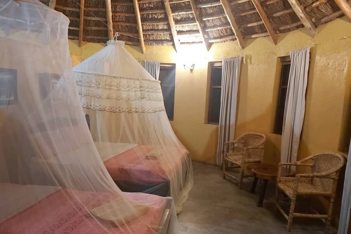 A room with a bed covered by a mosquito net, two wicker chairs, and a small table.
