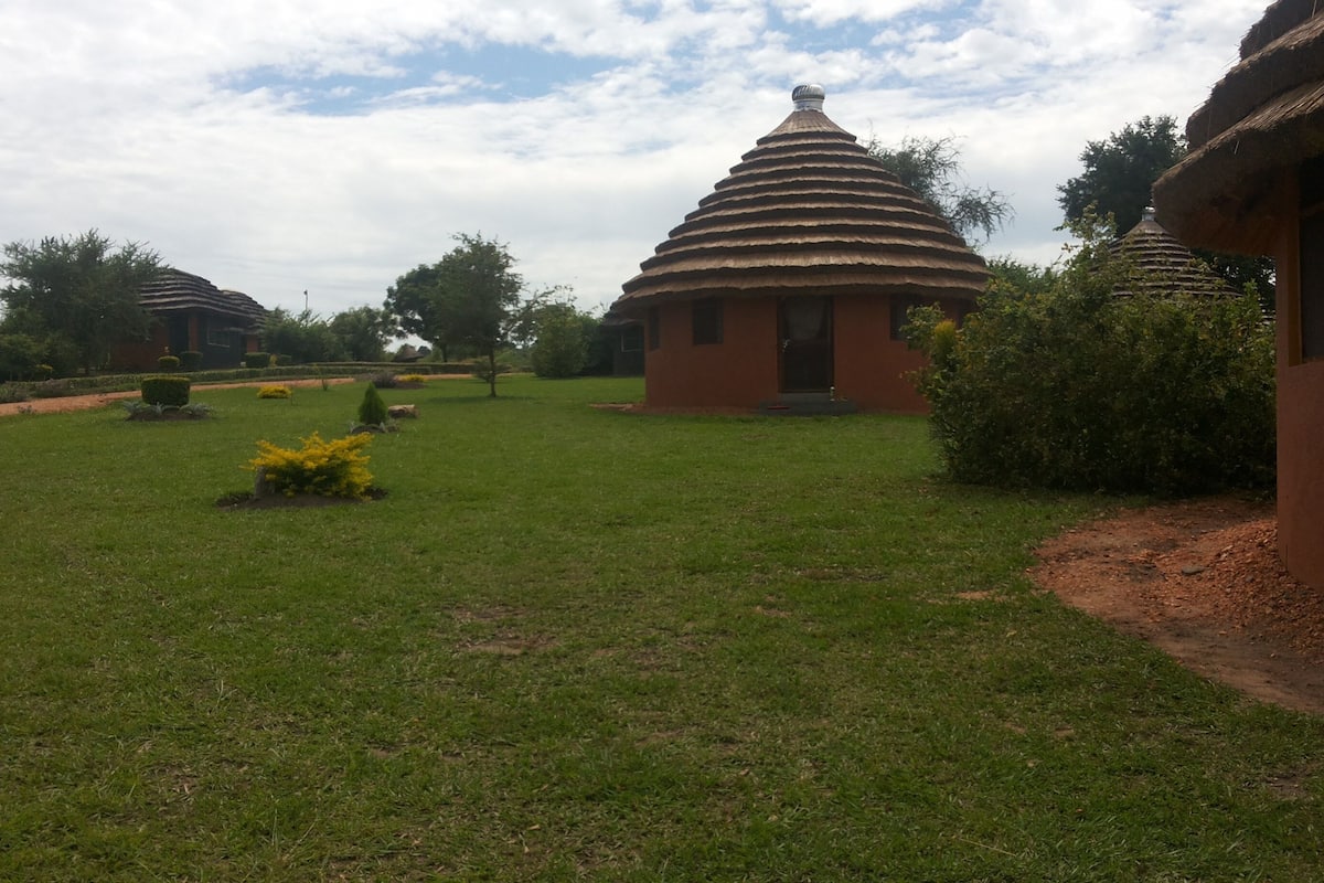 A grassy area with thatched-roof huts and a clear sky.