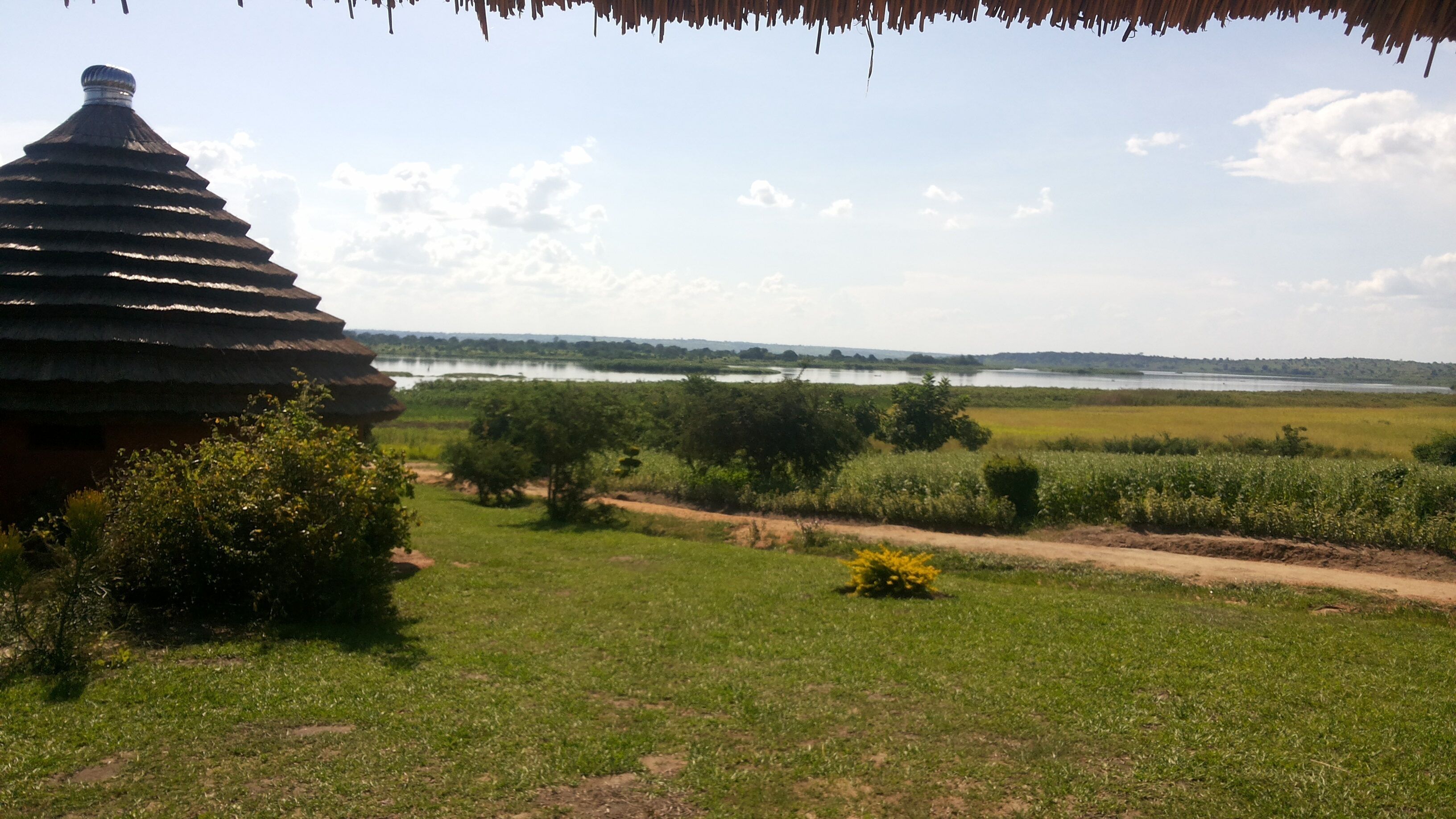 A thatched-roof hut with a view of a river and fields.