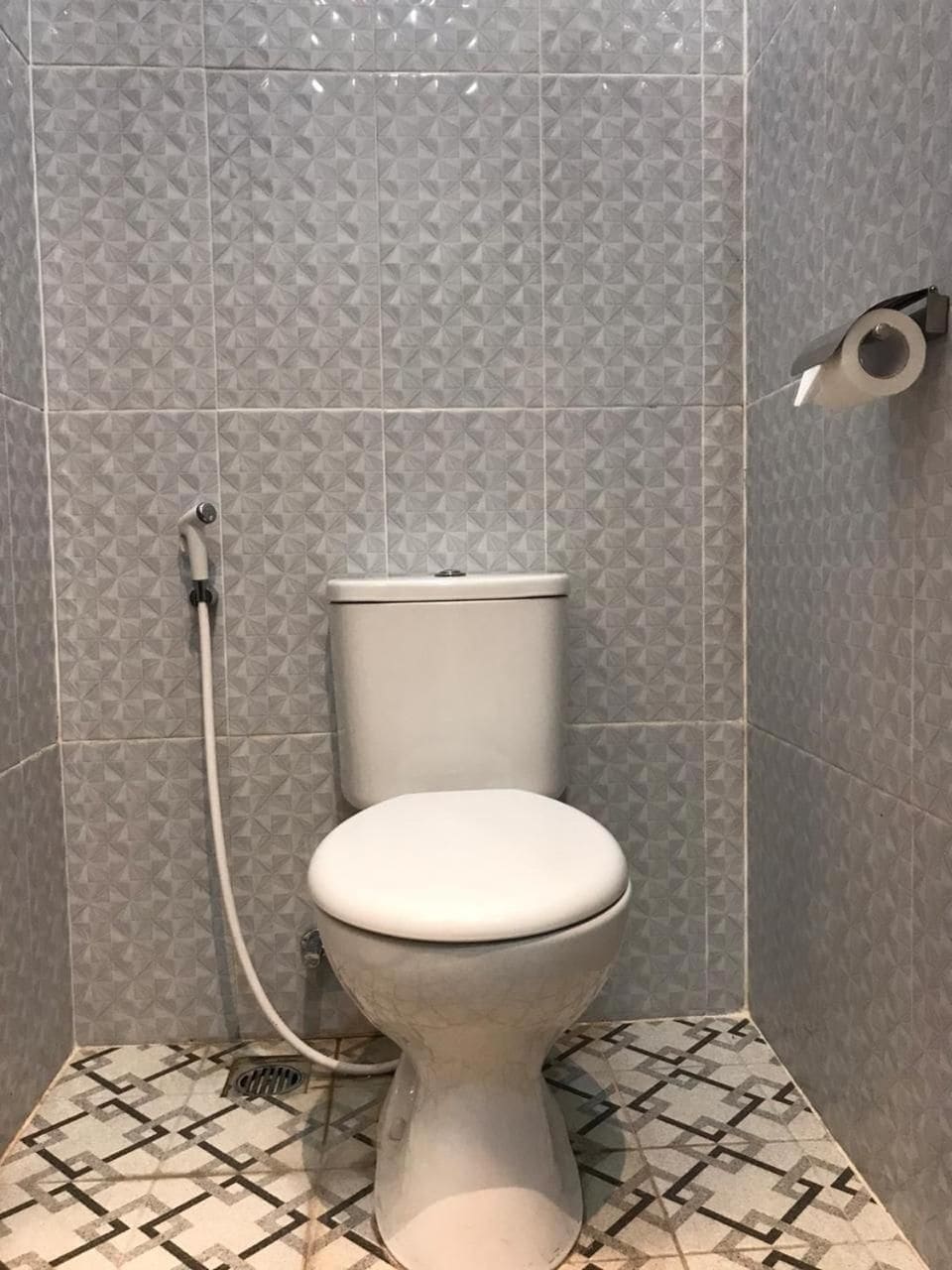 A bathroom with a toilet, a shower, and a patterned floor.