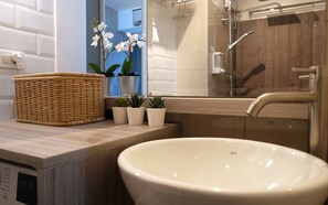Hair dryer, towels, soap, shampoo