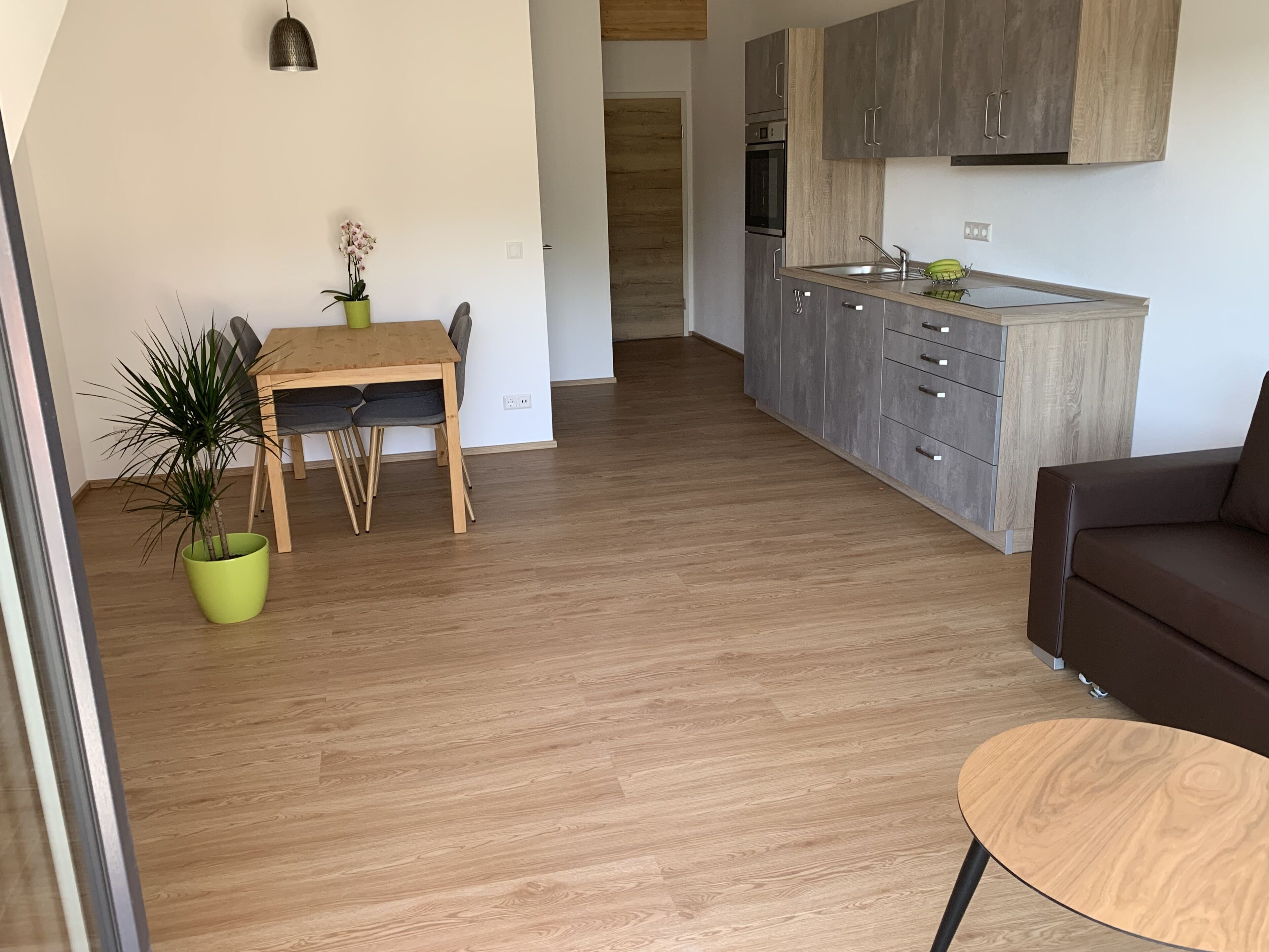 Eine moderne Küche mit grauen Schränken, einem Holztisch und einem Topf mit Pflanze.