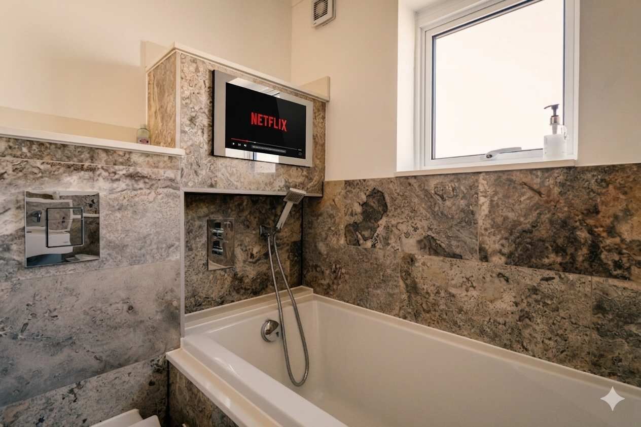 A bathroom with a marble wall, a bathtub, a shower, a mounted TV displaying 'NETFLIX,' and a window.