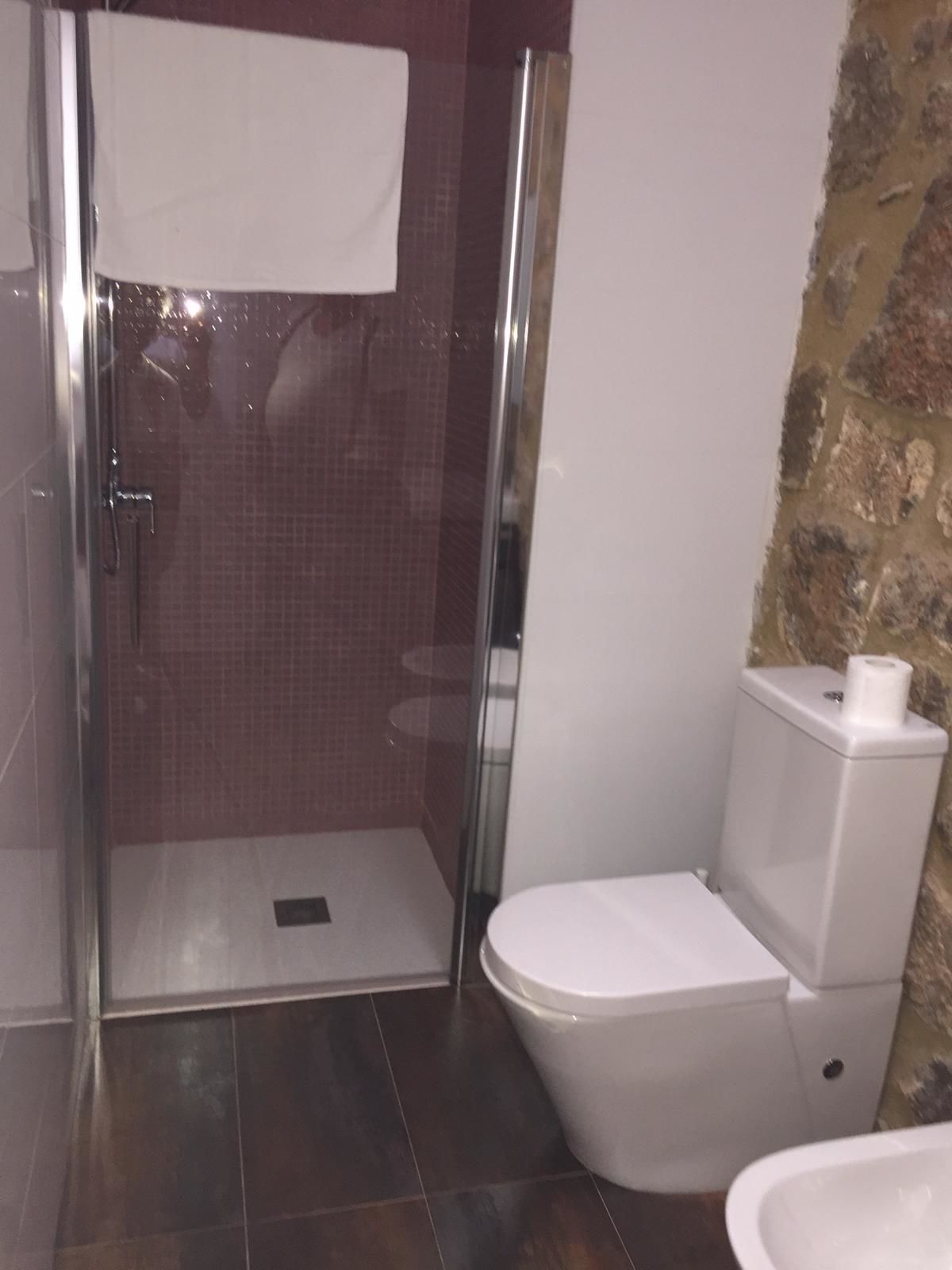 Een badkamer met een douche met glazen wand, een wit toilet en een witte wastafel.