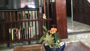 Un soggiorno con un mobile TV in legno, una televisione a schermo piatto, una libreria e un tavolino con una ciotola blu contenente una pianta.