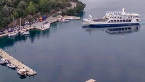 Un ferry accosta à un quai, où se trouvaient plusieurs petits bateaux, et on pouvait apercevoir, au loin, une île couverte de forêts.