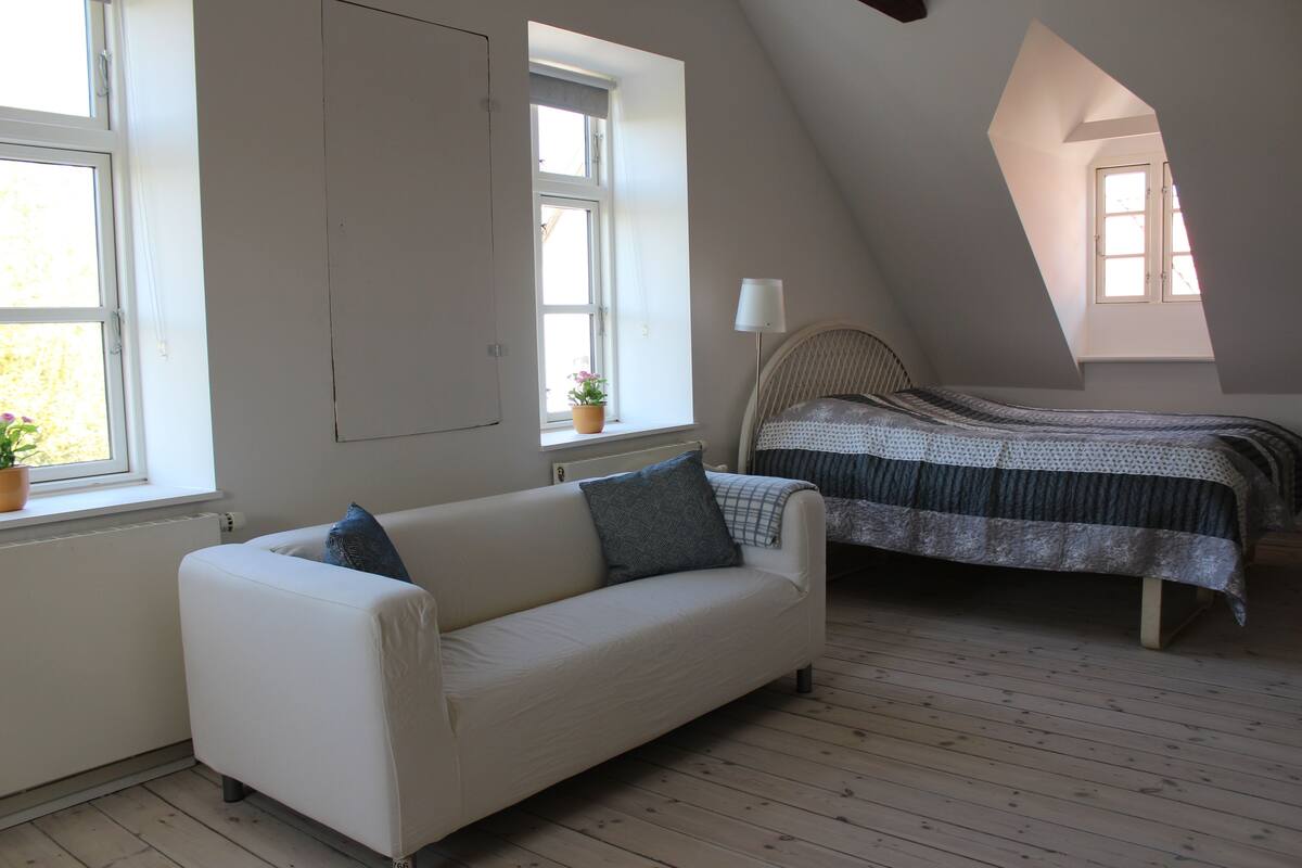 Ein Schlafzimmer mit einem weißen Sofa, einem Bett mit gemustertem Bettbezug und einem Blumentopf am Fenster.