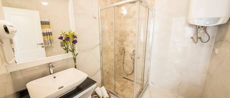 A bathroom with a glass-enclosed shower, a white sink, and a toilet.