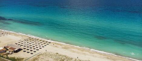 Plage, chaises longues, parasols