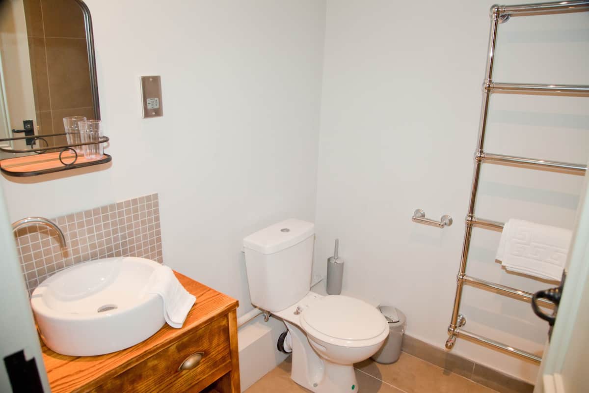 A bathroom with a sink, toilet, and a towel rack.