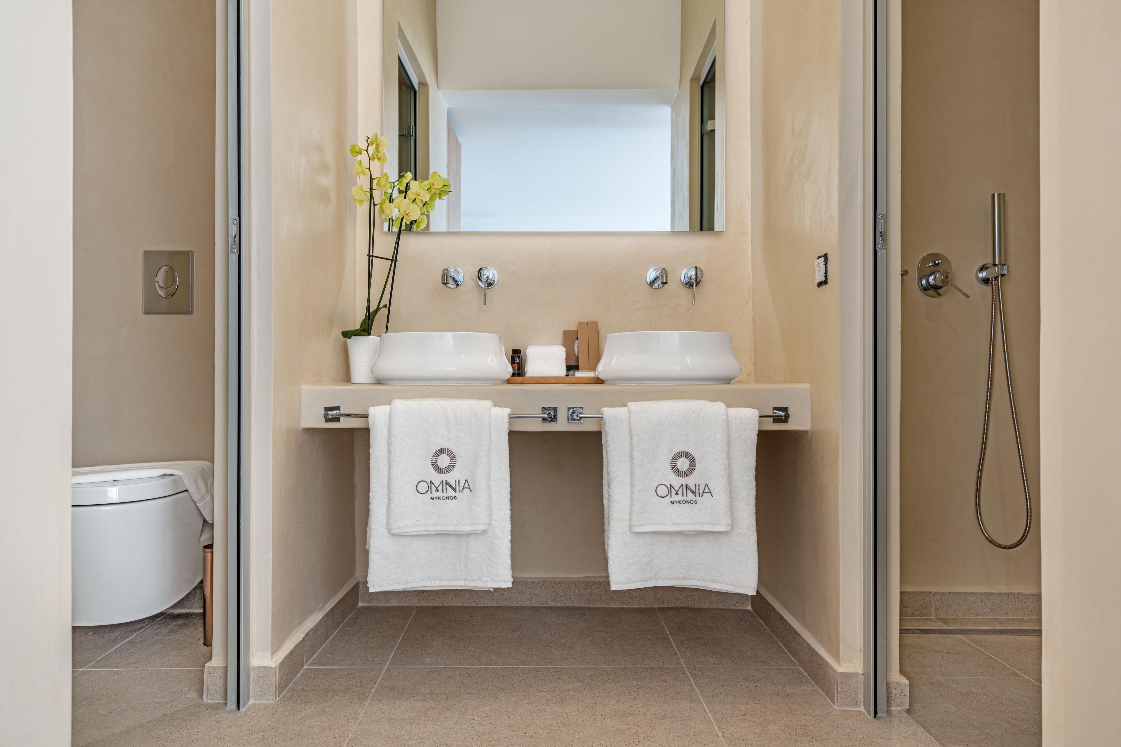 A bathroom with two sinks, a mirror, a shower, and a toilet.
