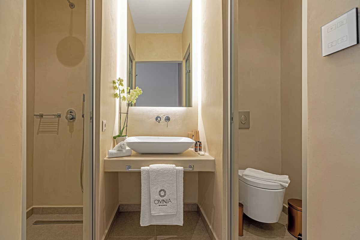 Ein Badezimmer mit einem weißen Waschbecken, einem Spiegel und einer Toilette. Ein Handtuch hängt an der Wand und auf dem Waschbecken steht eine kleine Pflanze.