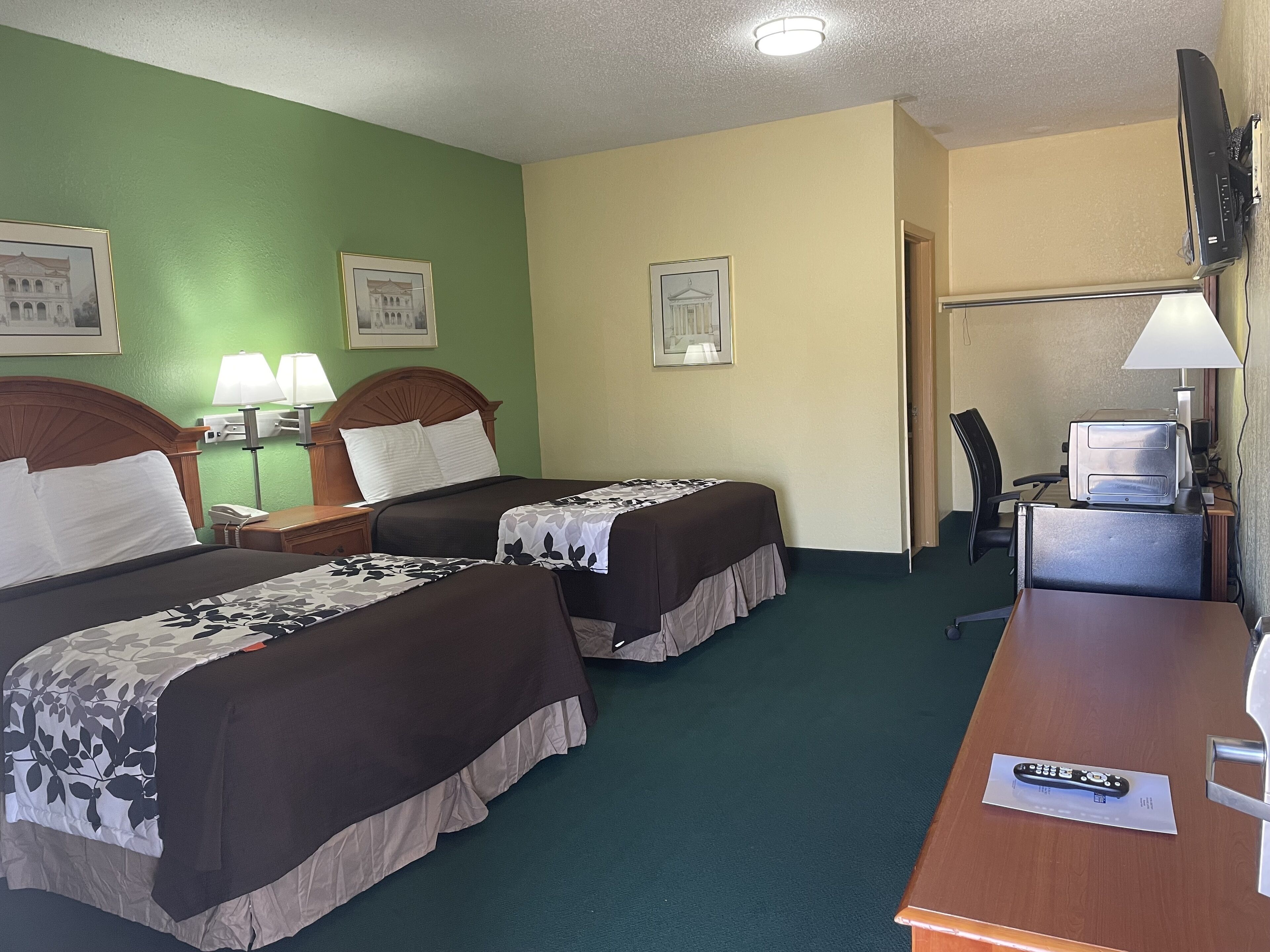 A hotel room with two beds, a desk, a chair, a TV, and a lamp.