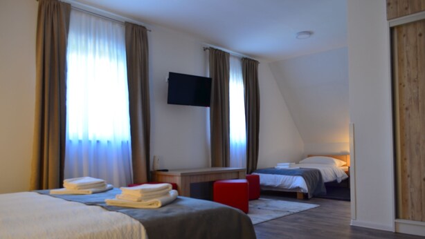A modern hotel room with a large bed, a smaller bed, a desk, and a TV mounted on the wall. - Natura Plitvice Lakes (Plitvicka Jezera)