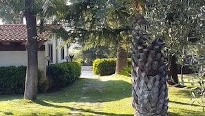 Uma trilha leva a um edifício com telhado em azulejos e um jardim bem cuidado, com várias árvores e arbustos.