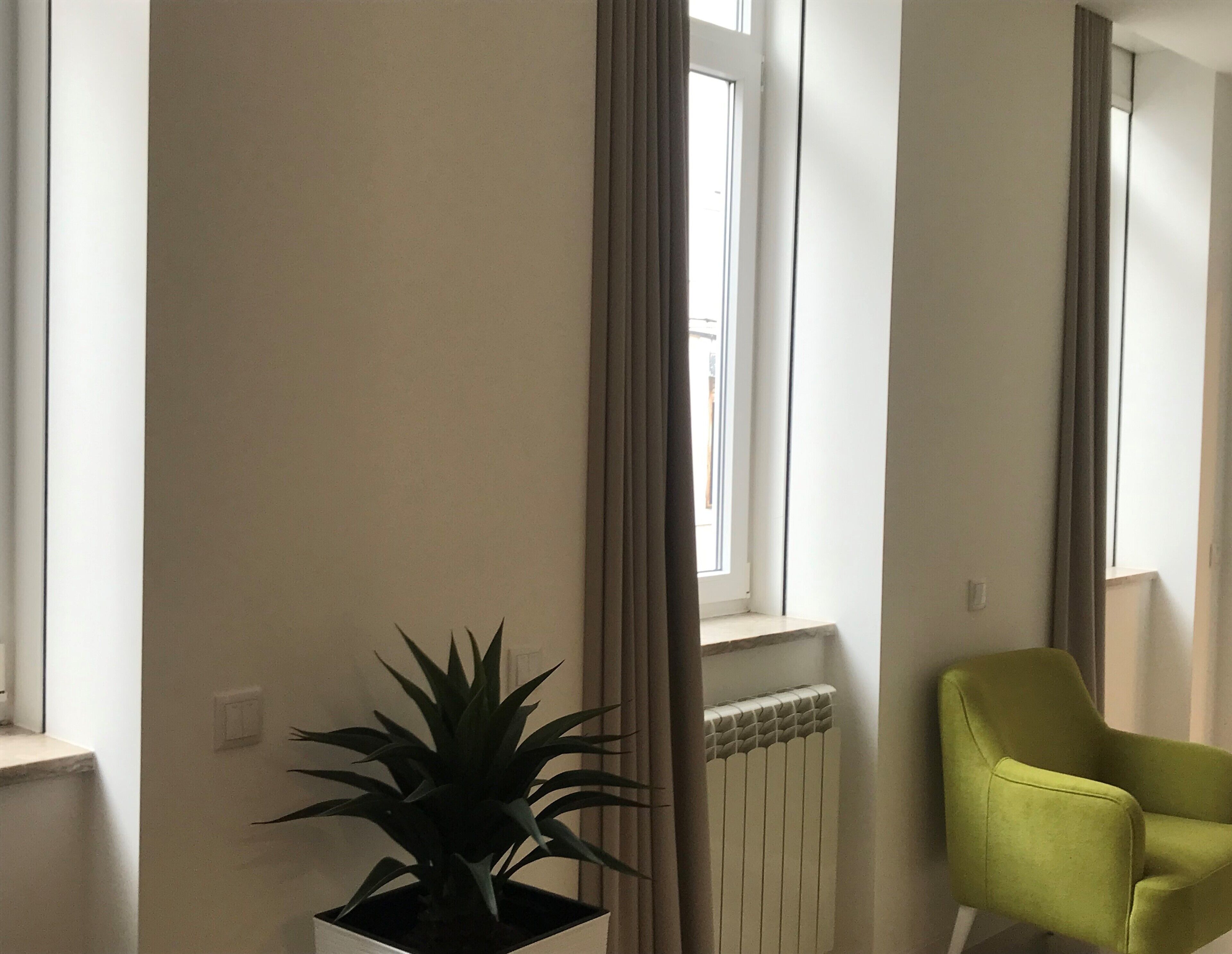 Una habitación con un radiador, una planta en maceta y una silla verde cerca de una ventana.