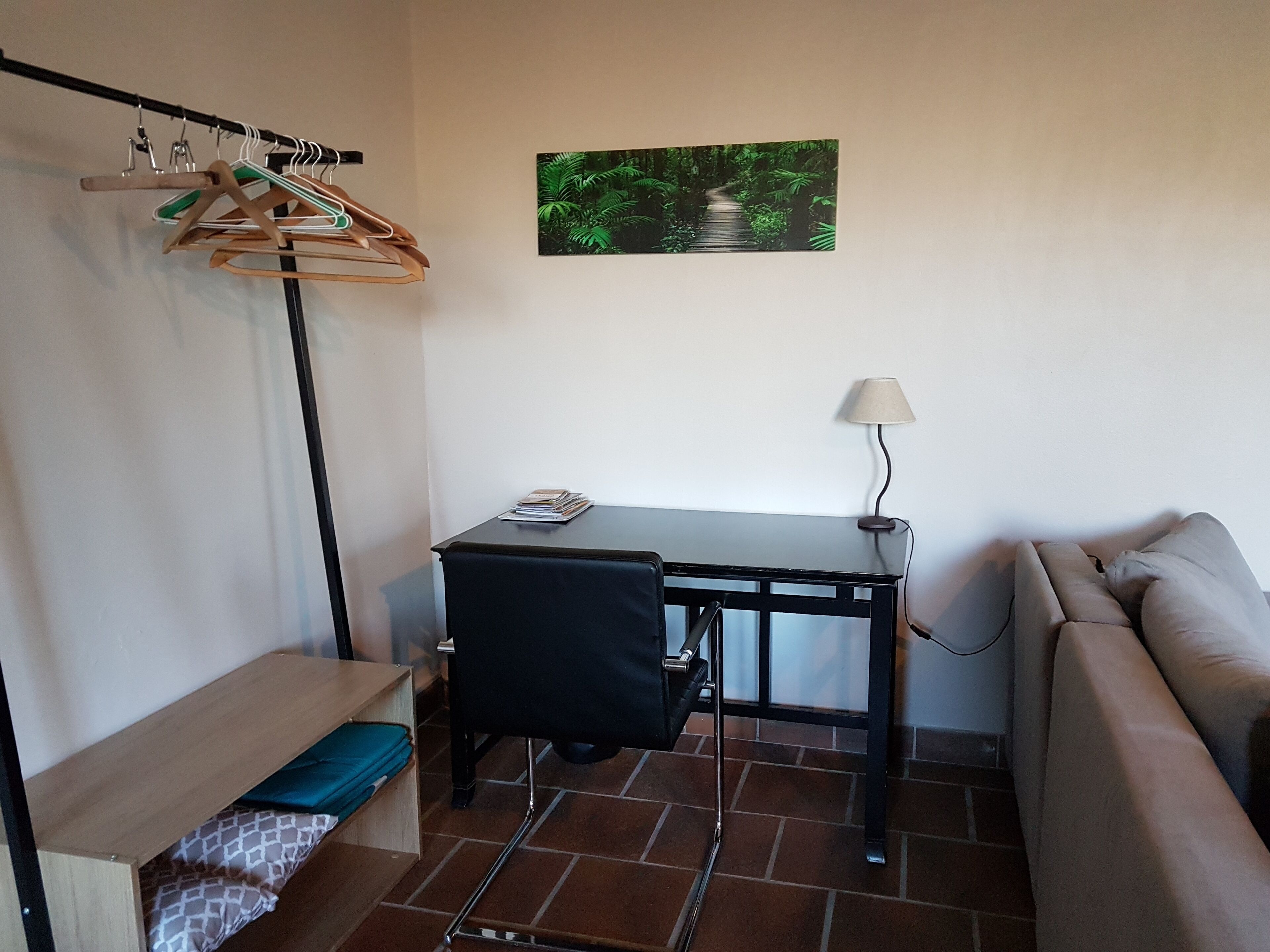 Une petite pièce, bien rangée, avec un bureau, une chaise, un canapé, un portant à vêtements et un tableau accroché au mur.