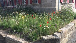 A stone building with red shutters and a flower garden in front. - State-of-the-art within historic walls, a piano of your own, a view of the stork's nest (Neudrossenfeld)