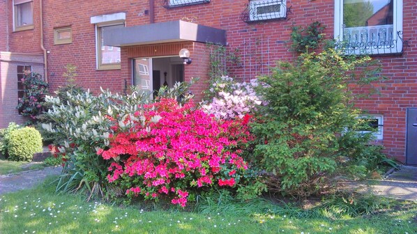 A red brick building with a large window and a door. There is a garden with pink and white flowers in front of the building.