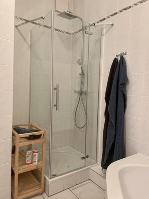 浴槽、ヘアドライヤー、タオル、トイレットペーパー