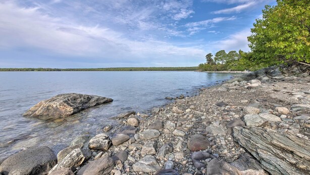 A rocky shoreline with clear water and a forested area in the background.
