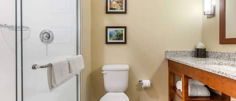 A bathroom with a glass shower enclosure, a white toilet, a marble countertop, and two framed pictures on the wall.