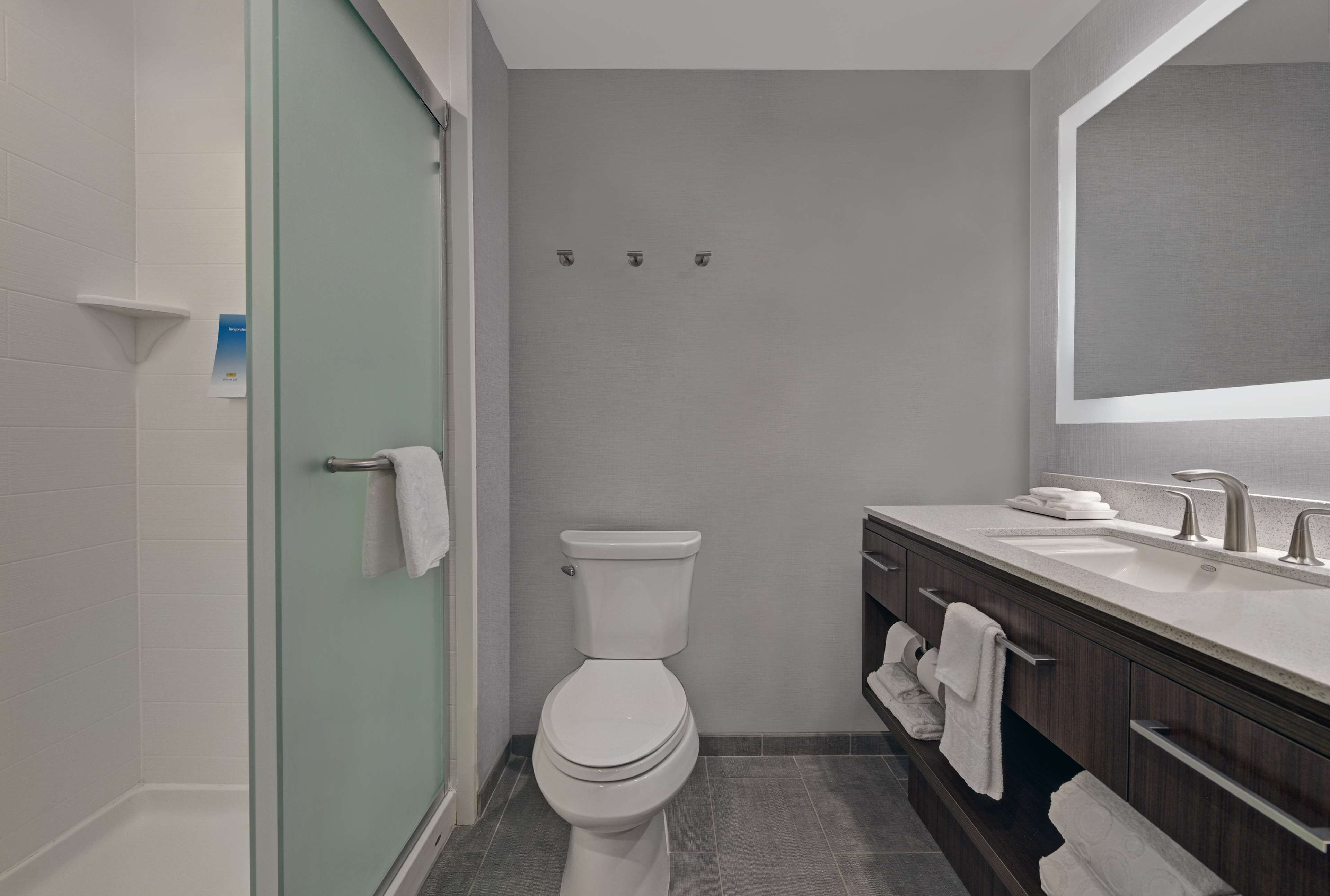 A modern bathroom with a glass shower enclosure, a white toilet, a vanity with a mirror, and a sink.